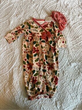 Mud Pie Pink and Green Floral Infant Gown with Bow